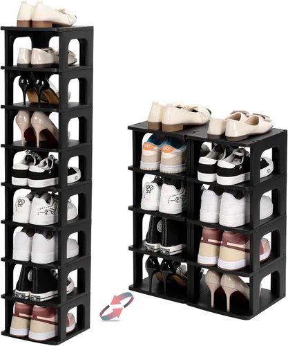 Vista 10 de TRZZ - Estante pequeño para zapatos de 4 niveles, organizador vertical estrecho apilable con partición removible, almacenamiento eficiente de Negro