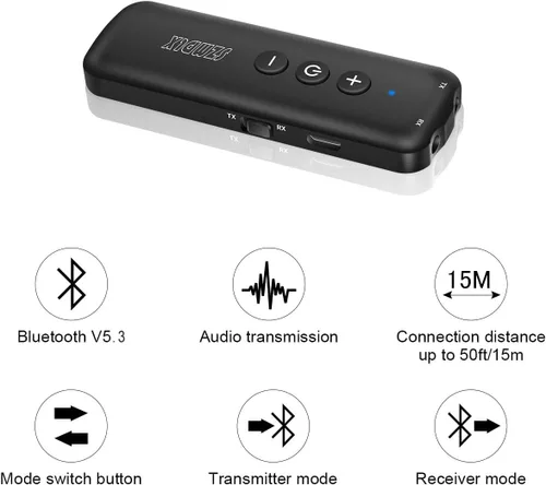 Vista 2 de Transmisor Bluetooth 5.3 3 en 1, receptor Bluetooth, adaptador inalámbrico, adaptador de audio Bluetooth con salida estéreo AUX de 0.138 pulgadas
