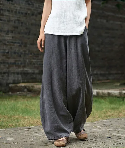 Vista 3 de Iximo Pantalones de lino y algodón, holgados, para mujer, con cintura elástica y ajuste relajado, informales, estilo harén