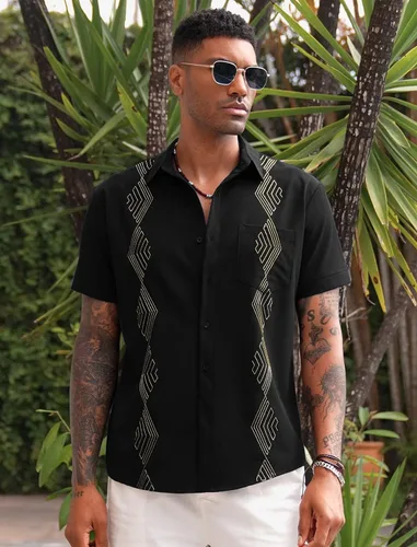 Vista 2 de COOFANDY Men's Cuban Guayabera Shirts Short Sleeve Linen Tops Beach Button Down Shirt with Pockets