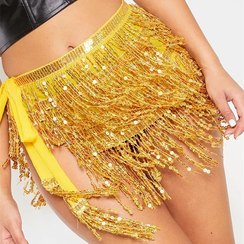 Vista 3 de Minifalda bohemia con borlas de lentejuelas para mujer, para festivales de música, fiesta, club, cadera, bufanda, cinturón, falda envolvente