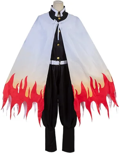 Vista 2 de Buyoem Disfraz de anime Rengoku para adultos, disfraz de Rengoku para Halloween, cosplay, capa, kimono con aretes para peluca