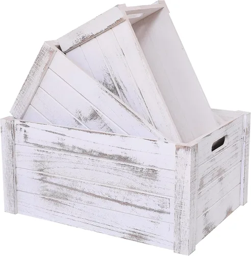 Vista 10 de Cajas modernas de madera blanca para almacenamiento, cajas decorativas rústicas, juego de 3 cajas de almacenamiento de madera extra grandes