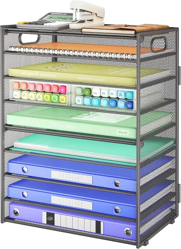 Vista 8 de SUBEKYU Organizador de papel de 9 niveles para escritorio, bandeja de cartas de malla de metal negro, organizador clasificador de papel de archivo