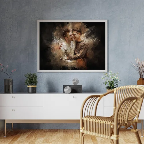 Vista 2 de Arte de acuarela personalizado para parejas LGBT sobre lienzo con fondo oscuro, regalo de compromiso y memorable para marido o novio, arte de pared