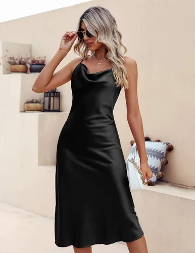 Vista 4 de Ekouaer Camisón de satén para mujer, lencería sexy, ropa de dormir con tirantes delgados, cuello redondo, elegante, largo, de seda, vestido midi
