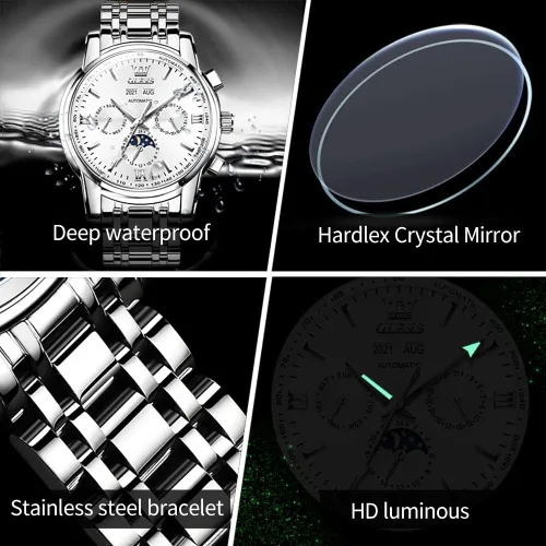 Vista 6 de OLEVS Relojes automáticos para hombre de cuerda automática reloj de pulsera calendario multifunción botón oculto pantalla de sol luna impermeable