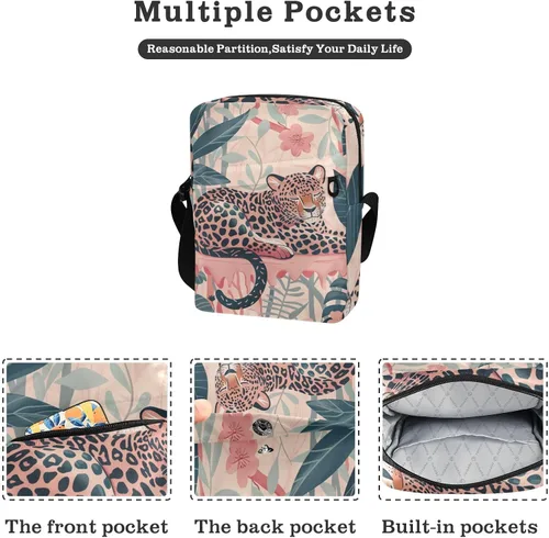 Vista 2 de Vintage Leopard and Flowers Pink messenger bags Small Crossbody Bags For Women Casual Everyday Purse Lady Shoulder Handbags Adjustable Strap for