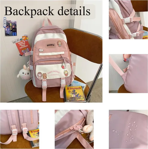 Vista 4 de YJMKOI Mochila Kawaii Girl con bonito colgante de muñeca de peluche, bonita mochila escolar primaria, mochila estética para niñas adolescentes