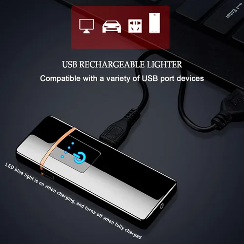 Vista 3 de Encendedor electrónico, resistente al viento, recargable por USB, de bobina delgada, con sensor de huellas dactilares inteligente, encendido de Negro