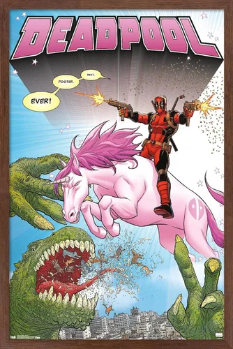 Vista 9 de Marvel Comics Deadpool - Póster de pared de unicornio, 22.4 pulgadas de largo x 14.7 pulgadas de ancho, versión enmarcada de madera de granero