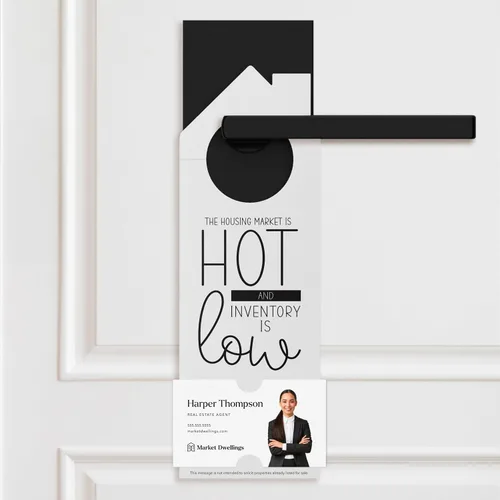 Vista 2 de Real Estate Door Hangers for Agents, The Housing Market Is Hot and Inventory Is Low, 50 Pack with Business Card Slot, 100lb Cardstock, White, Market