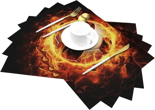 Vista 6 de 6 PCS PVC Placemats Set Place Mats Burning Football Non-Slip Weave Place Mats 12" x 18" Farmhouse Table Mat Set for Family Dinners Wedding Parties