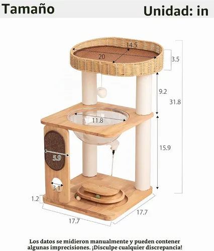 Vista 2 de Torre de madera para gatos de 32 pulgadas, cuenco acrílico, cama