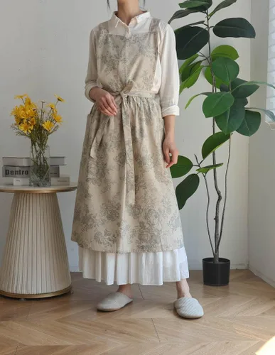Vista 4 de Delantal de cocina floral de algodón impermeable para mujer, delantal ajustable con bolsillos, estilo vintage para cocinar y hornear
