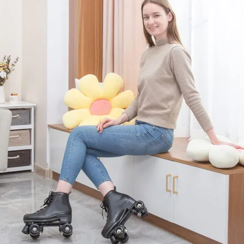 Vista 3 de Patines de ruedas para mujeres y hombres, de piel sintética, patines clásicos de doble fila, patines de cuatro ruedas para interiores y exteriores