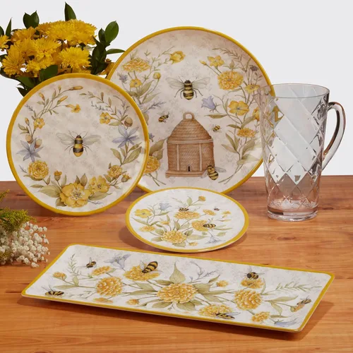 Vista 4 de Certified International Bee Sweet - Platos llanos de melamina de 11 pulgadas, juego de 6, platos inastillables para exteriores con diseño floral