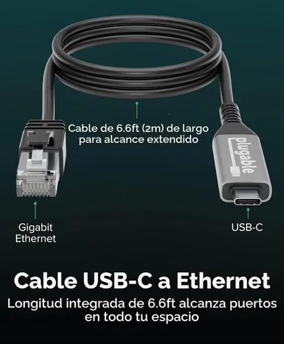 Vista 3 de Plugable Cable USB C a Ethernet: Cable Ethernet USBC a RJ45