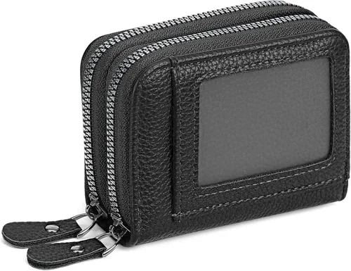 Vista 6 de RNIEGA Cartera pequeña de piel con bloqueo RFID para tarjetas de crédito, cartera pequeña para mujer, doble cremallera con ventana de identificación
