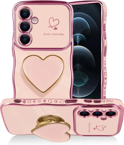 Vista 12 de Funda para Samsung Galaxy S22 Love-Heart Holder Case Cute Black Luxury Wave Frame forma rizada con corazón de amor, cubierta protectora de TPU suave