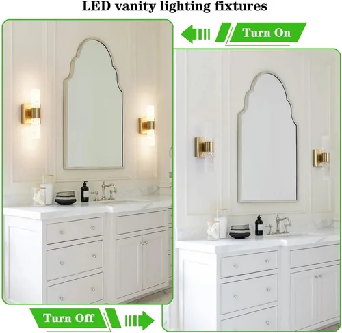 Vista 8 de Juego de 2 apliques de pared LED de cristal, lámparas de baño de oro cepillado, modernas luces de baño con LED con cable para dormitorio, sala