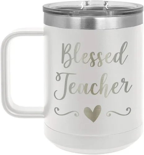 Vista 19 de BLESSED TEACHER Negro 15 oz Taza de café w/tapa deslizante Taza de café de viaje aislada Ideas de regalos de cumpleaños o Navidad de mujeres u