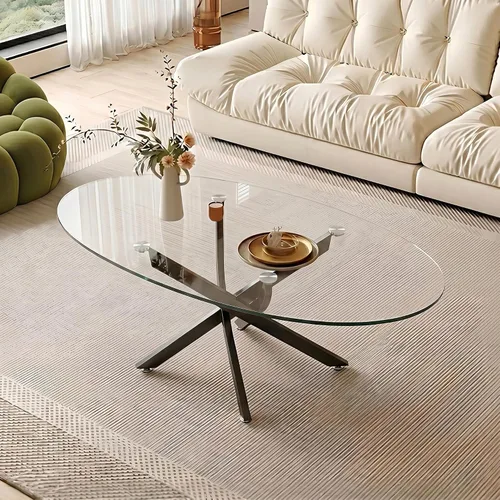 Vista 9 de Henf Oval Glass Coffee Table, 39.4'' Transparent Top, Black Metal Legs