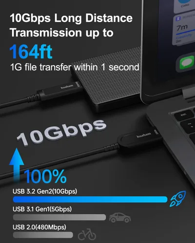 Vista 2 de Cable de fibra óptica USB A a USB C de 50 pies, paquete de 2 unidades, cable activo USB 3.2 Gen2 de 10 Gbps con chip SiliconLine de Alemania, ultra