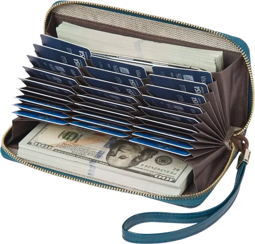 Vista 2 de FOXLOVER Carteras de cuero para mujer con bloqueo RFID pequeño y compacto tarjetero de crédito con bolsillo con cremallera Azul Classic