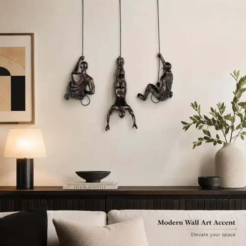 Vista 4 de Gran conjunto de 3 esculturas de pared de hombres escalando Arte decorativo de pared nórdica de simplicidad moderna, esculturas de hombre escalador