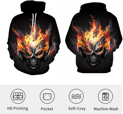 Vista 3 de Lontse Hoodies Men Skull 3D Graphic Print Sweatshirts Pullover Tops with Pocket