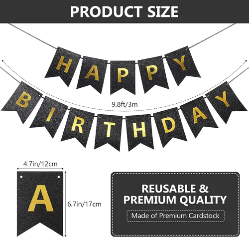 Vista 2 de Clabby Cartel de feliz cumpleaños negro con purpurina con letras brillantes de feliz cumpleaños con purpurina brillante para colgar suministros