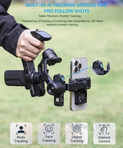 Vista 2 de FeiyuTech Scorp Mini 3 estabilizador de cardán para smartphone, cardán de teléfono de 3 ejes módulo de seguimiento de IA integrado, con ventilador