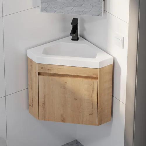 Vista 8 de eclife Combo de lavabo de baño esquinero de 22 pulgadas para espacio pequeño, armario flotante montado en la pared con fregadero de resina blanca