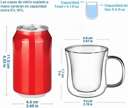 Vista 2 de ecooe Juego de 2 tazas de café de doble pared de 4 onzas, tazas de café de vidrio transparente con asa, taza de café aislada de borosilicato Clear