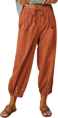 Vista 8 de Pantalones capri de cintura alta con cordón y botón de algodón suelto casual con bolsillos para mujer