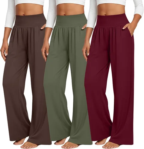 Vista 180 de Neer - Conjunto de 3 pantalones de yoga de pierna ancha para mujer - Pantalones deportivos cómodos, holgados, de cintura alta y casuales