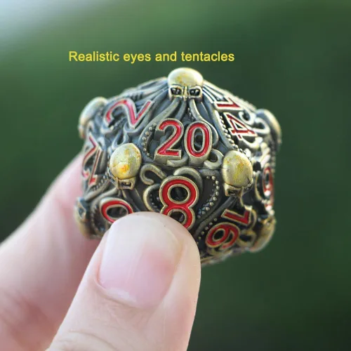 Vista 3 de Dados de metal D20 con diseño intrincado de pulpo, acabado antiguo y números rojos para Call of Cthulhu, RPGs-DNDWoW BZQR