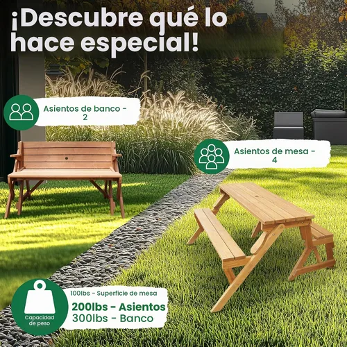 Vista 5 de Merry Garden Mesa de comedor de madera intercambiable para patio al aire libre, natural, blanco