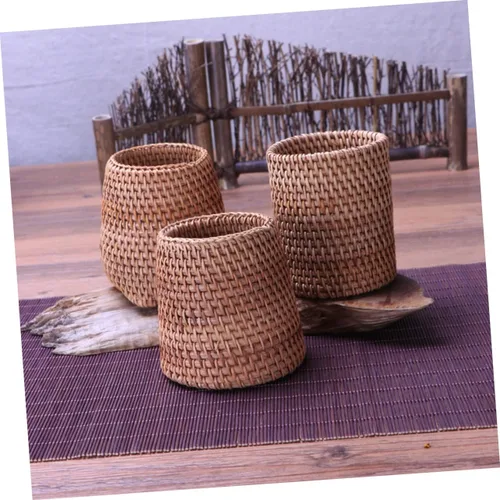 Vista 9 de ABOOFAN Juego de té tejido de ratán de 2 piezas, cesta de almacenamiento, contenedor de pluma, recipiente de té, decoración del hogar, cesta tejida