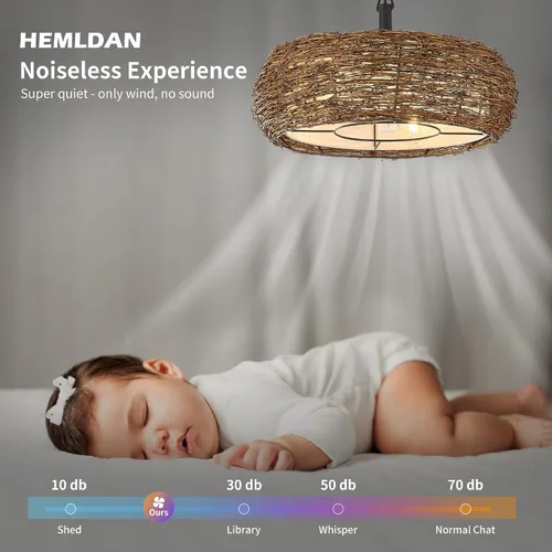 Vista 7 de Candelabro de ratán boho con ventilador de techo, canasta tejida a mano estilo granja con ventilador de techo, altura ajustable para isla de cocina