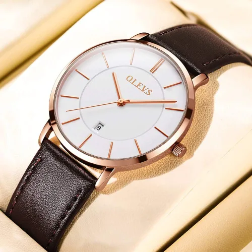 Vista 7 de OLEVS Reloj para hombre de lujo ligero de cuero impermeable con movimiento japonés para hombre con fecha calendario minimalista ultrafino clásico