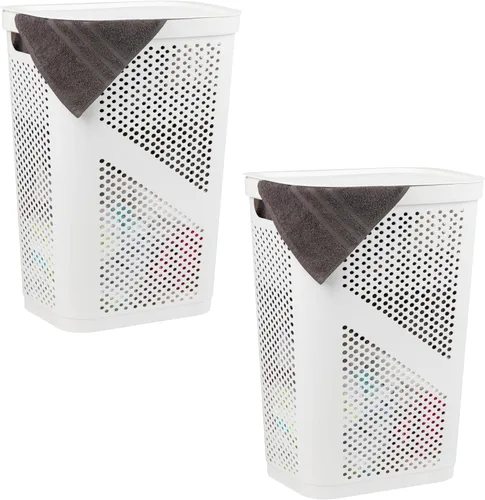 Vista 13 de Mind Reader Cesto delgado para ropa sucia con tapa, 60 L, diseño cónico para baños, armarios, plástico, juego de 2, color negro