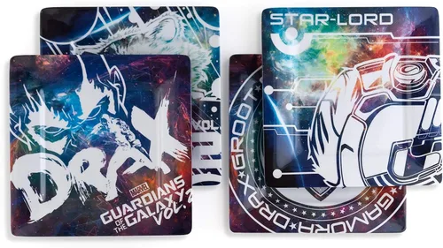 Vista 2 de Guardians of the Galaxy, Juego de platos de plástico Vol. 2 - Divertido paquete de cuatro incluye platos cuadrados de 8 pulgadas en 4 diseños
