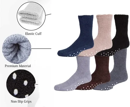 Vista 4 de Gilbins Calcetines de invierno para hombre, acogedores, gruesos, cálidos, mullidos, antideslizantes, para el suelo del hospital, paquete de 6