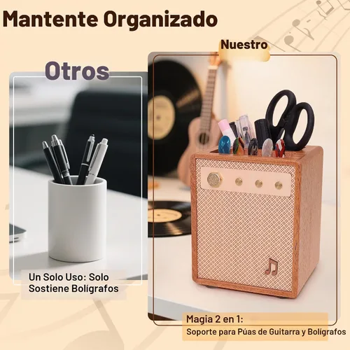 Vista 4 de CoolGift Mart Accesorios para Guitarra, Soporte para Púas de Guitarra de Madera Sapele con Estilo de Amplificador y Almacenamiento para Lápices