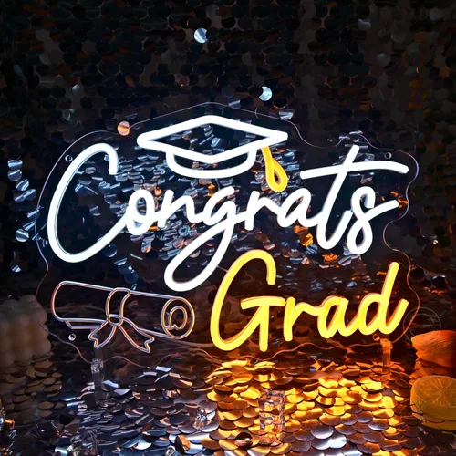 Vista 4 de Britrio Letrero de neón con texto en inglés "Congrats Grad" para graduación, celebración, fiesta, decoración iluminada, clase de 2026