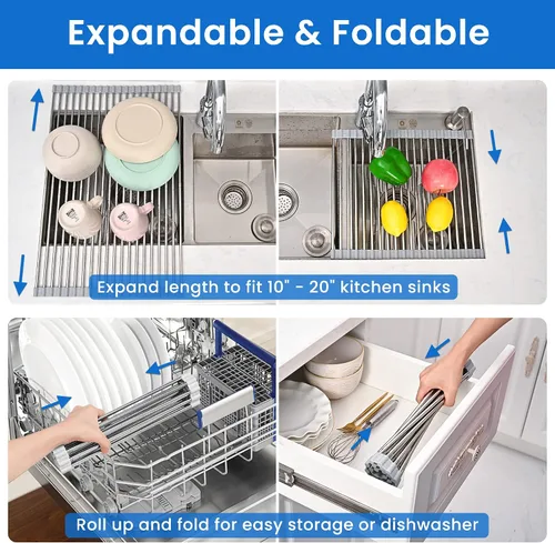 Vista 3 de Escurridor de platos enrollable de acero inoxidable 304 Romise Adjustable Over The Sink Dish Drying Rack for Kitchen, 10"-20" Foldable Dish Rack