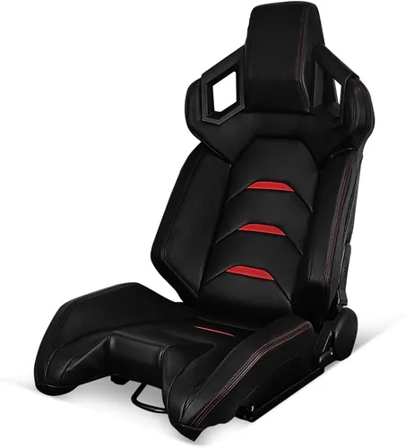 Vista 9 de IKON MOTORSPORTS, par de asientos universales para carreras con deslizadores dobles, piel de PU de fibra de carbono, color rojo con rayas