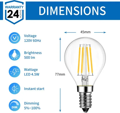 Vista 8 de ANWIO Bombilla de filamento LED G14 E12 con base de tornillo regulable de 4.5 W (equivalente a 60 W) 2700 K blanco cálido bombilla Edison